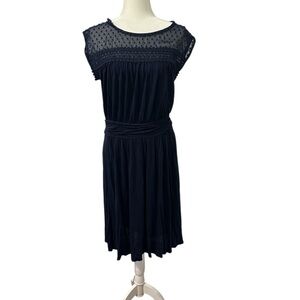 Boden Blue Pleated Midi Dress with Flutter Lace Cap Sleeves